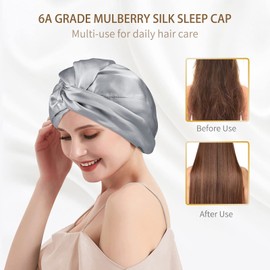 OLESILK Silk Bonnet for Sleeping Women: 100% Mulberry 22 Momme Silk, Adjustable Fit for Night Hair Care, No Frizz for Curls, Light Grey