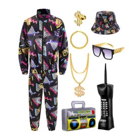 ZEROGOO 80s 90s Outfit for Men, 9 Pcs 80s 90s Costume Tracksuit Accessories Hat Hip Hop Rapper (Black, Medium)