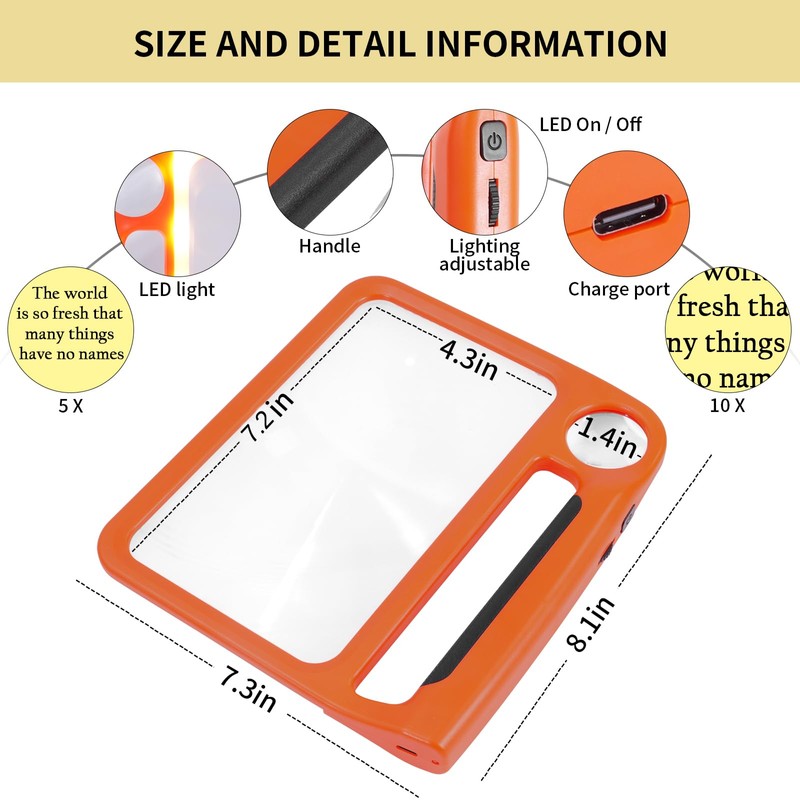 Amoper 5X 10X Full-Page Magnifying Glass with Light, Rechargeable Handheld