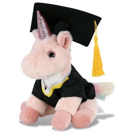 DolliBu Pink Unicorn Graduation Plush Toy - Soft Huggable Graduation Stuffed Animal Dress Up Gown and Cap with Tassel Outfit with Personalization - 9 Inches