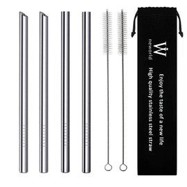 NEWORLD Reusable Stainless Steel Wide Boba Drinking Straws Fat Straws Smoothie/Bubble Tea/Milkshakes Straws with 2 Cleaning Brush & Carry Bag 12mm/0.5" Wide(Silver)