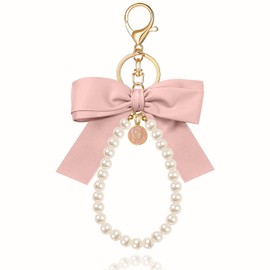 XGALBLA Pink Initial Letter Cute Bow Keychain for Women, Wristlet Simulated Pearl Key Chains Bag Charms for Car Key Handbags Backpacks Coquette Bow Keychain Accessories(Shell Letter D)