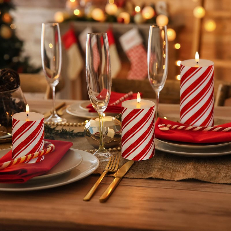 Yongmao Red Stripe Flameless Pillar Candles with Timer, Real Wax
