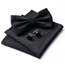 Mens Solid Color Double Fold Pre-tied Bow Tie and Pocket Square Cufflinks Set Formal Tuxedo Bowties for Wedding Party（Black）