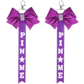 Kisangel 2pcs Cheer Pin Me Ribbon Cheer Keychains Bow Ribbon Rhinestone Bow Purple Cheerleader Bow For Bags And Backpacks