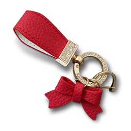 Polcatay Leather Car Bow Keychain, Bling Rhinestone Keychain Decoration, Universal Car Pendant Key Chain Ring (Gold & Red)