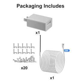 20ft/6m Outdoor Power Cable & Adapter for myQ Smart Garage Door Video Keypad – Weatherproof, Flat Cable, Continuous Charging, Includes 30 White Mounting Nails