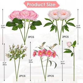 Hot Pink Flowers Artificial Peonies Silk Flowers with Stems 15.3" Realistic Faux Peony and Daisies Fake Flowers for Vase Floral Centerpiece Arrangements Wedding DIY Bridal Bouquet Party Home Decor