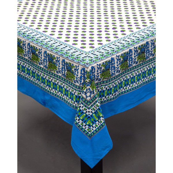 Indian Print Square Cotton Tablecloth 60" x 60" Cerulean Blue