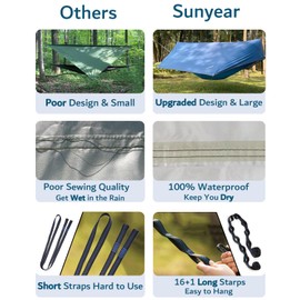 Sunyear Camping Hammock-Hammocks with Net and Rain Fly Tarp - Portable Single&Double Lightweight Nylon Parachute Hammocks with Hammock Tree Straps for Backpacking Hiking Travel Camping Indoor Outdoor