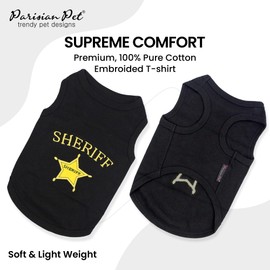 Parisian Pet Dog Tshirt - Embroidered “ Sheriff “ Dog Shirt - Lightweight and Skin Friendly Dog Clothes - Sleeveless Black Dog Tee Shirts - Machine Washable Dog Shirts for Medium Dogs - M