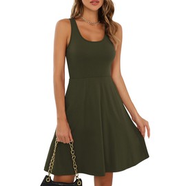 Missufe Women's Sleeveless Racerback Flared Casual Plain Knee Length Tank Dress (Army Green 01, Small)