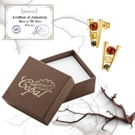 Women's Stud Earrings with Real Amber and 925 Silver Gold Coated Colourful Round Shape, Sterling Silver