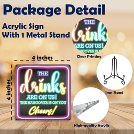 4"X4" Neon Acrylic Bar Sign, With 1 Metal Support-The Drinks Are On Us Cheers!- Decoration for Home Bar,Engagement Table Decor Pubs Wedding Decor & Accessories For Home Shelf-A15