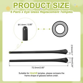 PATIKIL 6 Pairs Eye Glass Replacement Temples, Plate Anti-Slip Eyeglass End Tips Glasses Retainers Fits 1.4mm for Round Thin Metal Eyeglass Sunglasses Temple, Black