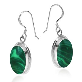 AeraVida Simplistic Elegant Oval Green Malachite .925 Sterling Silver Dangle Earrings | Classic Sterling Silver Dangle Earring for Women | Jewelry Gift