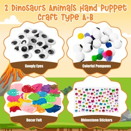 WATINC 12 Pcs Hand Puppet Making Kit, Art Craft Felt Sock Puppet Toys, Creative DIY Make Your Own Pompoms Wiggle Googly Eyes Storytelling Role Play Party Supplies Gift for Girls Boys (Dinosaurs)