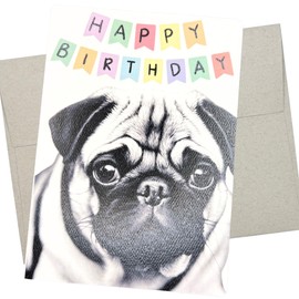 Pug Birthday Card, Dog Birthday Card (1 Premium Folded Card, Blank Inside, 5X7 Inches) Cute Pug birthday card from dog for men and women - 467