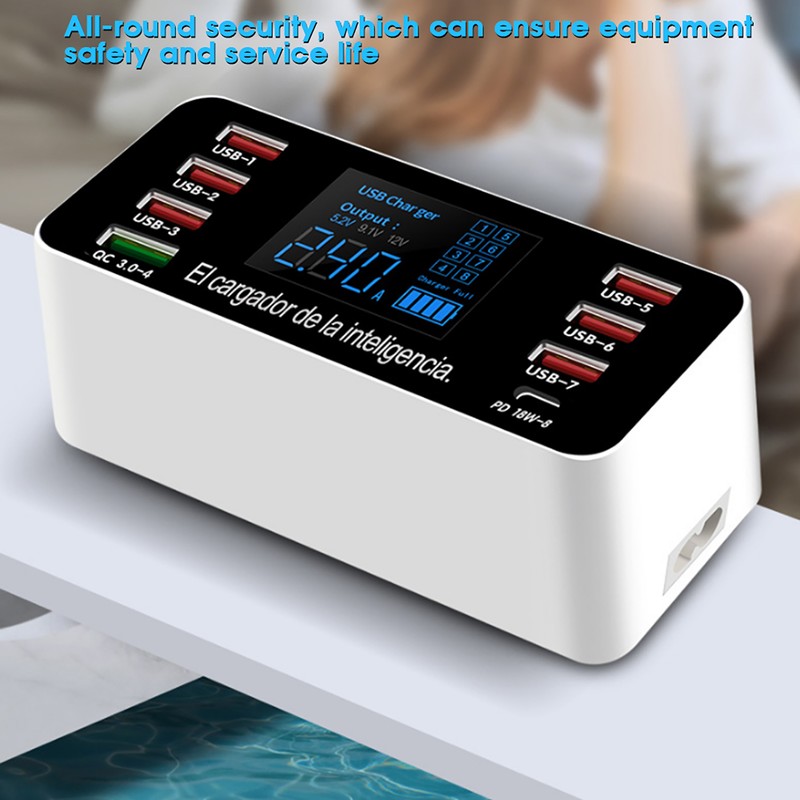 8-Ports Intelligent Charging Station LED Display Digital QC3.0 PD 60W