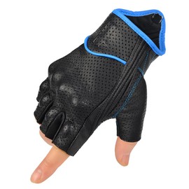 Harssidanzar Mens Motorcycle Gloves Leather Perforated Motorcycle Driving Gloves CM044EU, Black/Blue, L