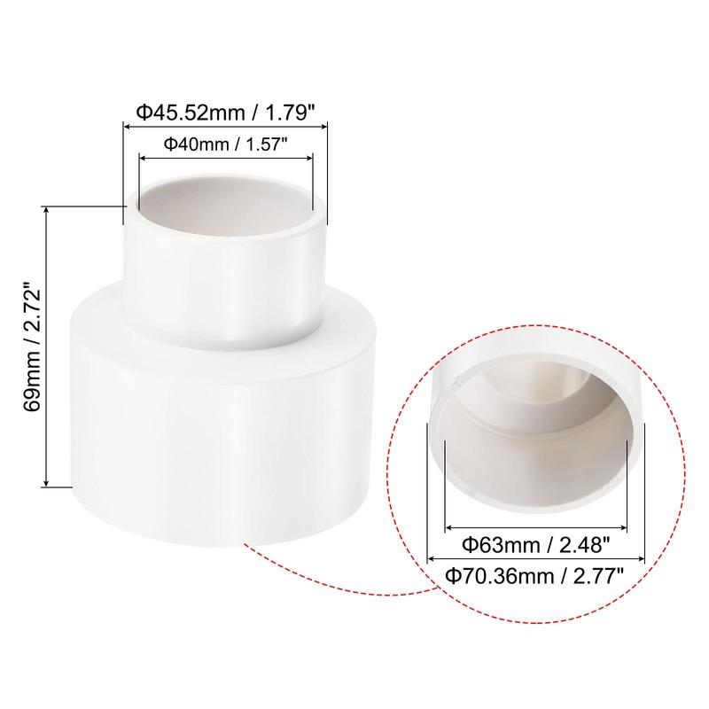 PATIKIL PVC Reducer Pipe Fitting 63mm to 40mm ID, Straight
