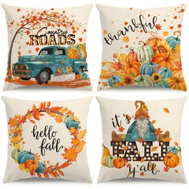 NIGHTWISH 4pcs 18×18 Fall Pillow Covers Fall Decorations Blue and Orange Atmosphere Pumpkin Throw Pillow Covers Holiday Rustic Linen Fall Pillow Case for Sofa Couch