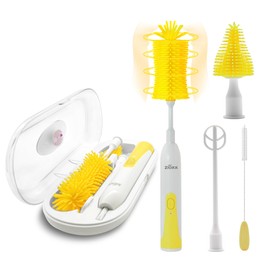 Electric Bottle Brush Cleaner New Upgrade, Portable Electric Baby Bottle Brush Cleaner for Travel, Travel Bottle Cleaner Kit with Nipple & Straw Brush, Perfect Mom Essentials After Birth Gift, Yellow