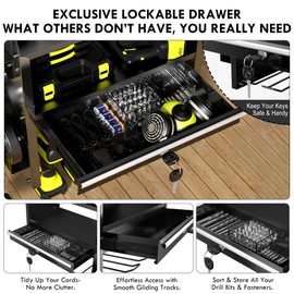 KSVO Power Tool Organizer Wall Mount with Drill Rack & Locking Drawers - Heavy Duty Metal Tool Shelf for Garage, Workshop, Shed, Basement Tool Organization - Gift for Men/Father (Black)
