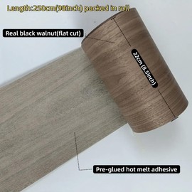 Black Walnut Wood Veneer Sheet,Flat Cut,8.5''x 98'',Iron On Stick Veneer Roll Without Paper,Pre-glued Hot Melt Self Adhesive Walnut Tape for Cabinet Furniture Plywood Laminate Speaker Renovation