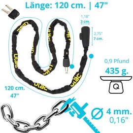 Python Supreme Padlock | Chain 4 mm Anti-Theft Device 120 cm | Hardened Steel and Nylon | Transport Holder | 2 Keys Security Lock | 4 Colours | Scooter, Motorcycle, Bicycle