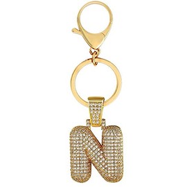 Initial Letter Keychain Crystals Alphabet Keyrings Car Phone Pendant For Women Purse Charm Handbag Decoration (N - GOLD)