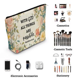YULUENZE Bible Quote Makeup Bag Floral Canvas Organizer Zipper Pouch Matthew 19:26 With God All Things Are Possible Cosmetic Bag Baptism Birthday Present for Christians Women Friends