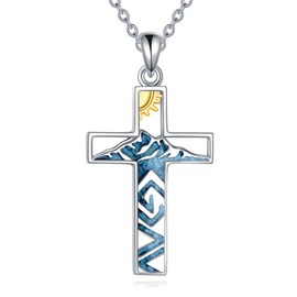 AINFQY Cross Necklace 925 Sterling Silver Turquoise Mountains Necklace Faith Cross Pendant Necklace Christian Jewelry Gifts For Women