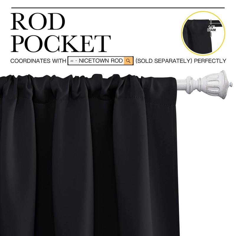NICETOWN - Cortinas Opacas con Bolsillo para cortinero (Negro, 1