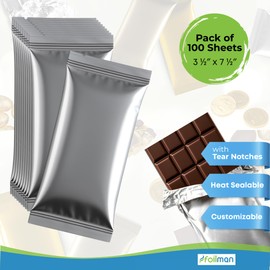 Foilman - Heat Seal Bags (Metallized) For Chocolate Bar Wrapping With Tear Notches - 100 Pack (3 1/2 x 7 1/2, Silver)