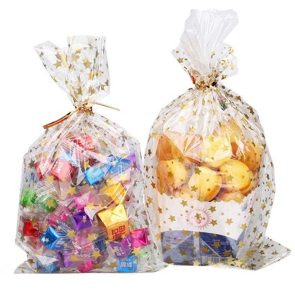COQOFA 100 Pcs Star Printed 7"X 12" Gift Wrap Cello Cellophane Treat Bags Party Favor bags Clear Candy Cookie Bags Plastic Poly Goodie Storage Bags with Twist Ties for Bakery,Birthday, Wedding ,Party Decorations (Gold)