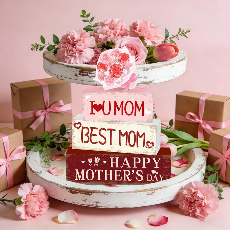 HABDJILTY 4 Pcs Happy Mother’s Day Wooden Table Decorations Best