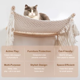nets Tribe Macrame Cat Wall Shelves & Hammock - Comfy Cat Beds with Window Perch for Indoor Fun, Sleeping & Climbing,Maximum Hold Up to 30lb (Beige White - Cotton Rope)
