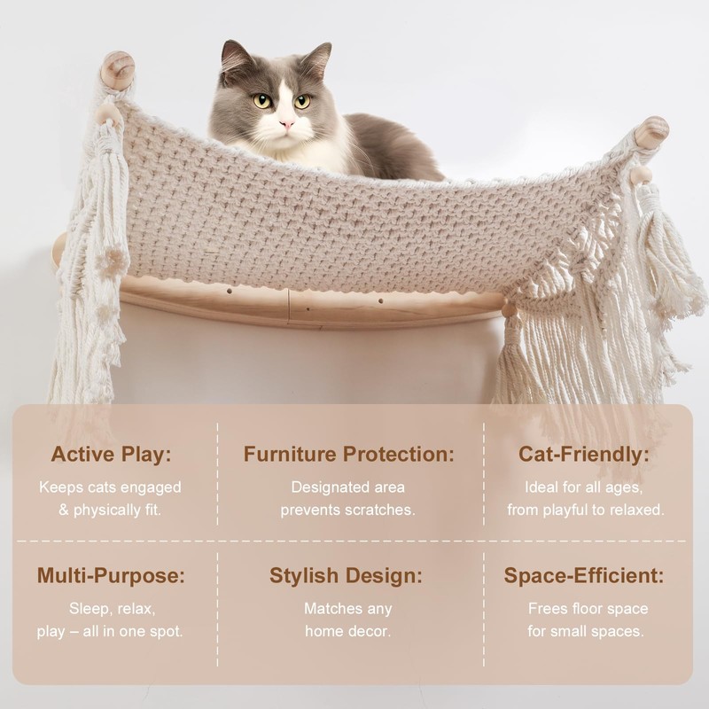 nets Tribe Macrame Cat Wall Shelves & Hammock - Comfy