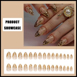 LUXRYNTH 24Pcs Short Almond Press On Nails with 3D Gothic Decorations, Stars Design, 3D Gold Irregularities, Full Cover False Nails with Glue Stick, ABS Material for Women