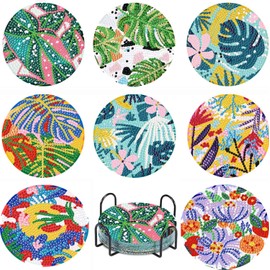 8 Pcs Diamond Art Painting Coasters Kits with Holder DIY Flower Leaves Diamond Art Coaster Non Slip Coaster for Adults Diamond Painting Kits Supplies for Gift