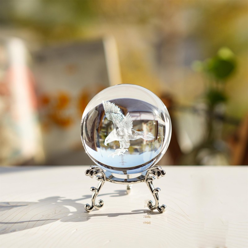HDCRYSTALGIFTS Engraved Eagle Crystal Ball Paperweight with Stand 60mm 3D
