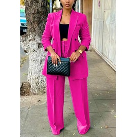 Tcremisa Pants Suits for Women Dressy 2 Piece Business Casual Outfits Double Breasted Blazer Wide Leg Pants Set Office Work Rose