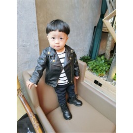 UNIQUEONE Baby Boys Girls Kids Outfits Spring Autumn PU Faux Leather Lapel Jacket Oblique Zipper Outerwear Coat size 12-18 Months/Tag 7 (Black)