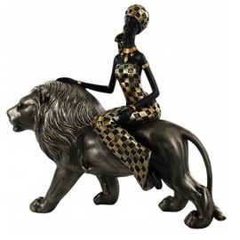 Lescafita African Woman Riding Lion Resin Statue – Tribal Figurine for Home Decor, Elegant Black and Gold Sculpture for Shelf, Desk, or Mantel, Unique for Mom, Friends, Women, Christmas