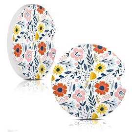 Boho Flower Leaves Car Cup Coasters, 2 Pack Absorbent Ceramic Coasters with Finger Notch & Cork Base, Cute Interior Accessories for Women