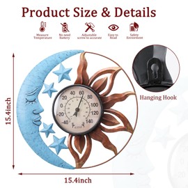 MUMTOP Indoor Outdoor Thermometer - Sun and Moon Wall Thermometer with Star, Outdoor Thermometers for Patio, Room, Greenhouse, Outside, Garden Decor