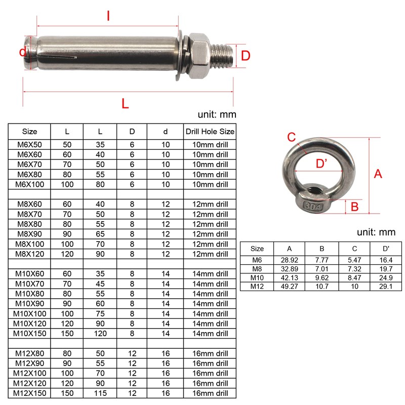 2Pcs M12x150 304 Stainless Steel Lifting Ring Expansion Bolt Shield