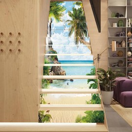 AILEGOU 3D Brick Staircase Stickers - Removable Peel and Stick Tile Risers Decals - 13-Stairs Backsplash Decor 39.3Inch x 7.08Inch x 13Pcs (Beach Coconut Tree)