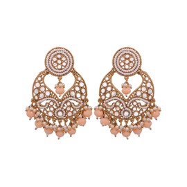 Crunchy Fashion Bollywood Jewellery Traditional Ethnic Bridal Bride Wedding Bridesmaid Gold-Plated Concentric Texture Stone Design Peach Pearl Dangler Earrings